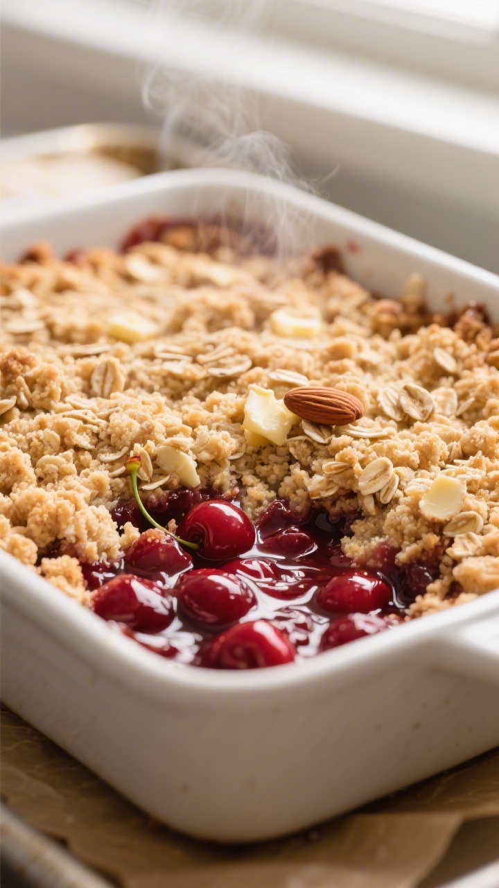 Close-up detail: Cherry crumble just out of the oven, showing deeply golden, crunchy oat-and-flour t