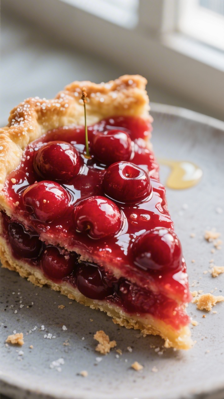 Close-up detail: Freshly baked cherry pie slice just cut, showing glossy, ruby-red cherry filling bu
