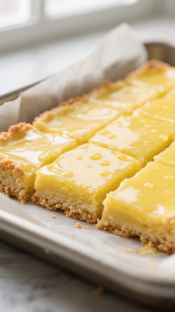 Close-up detail: Freshly baked lemon bars just out of the oven, the glossy lemon custard layer set w