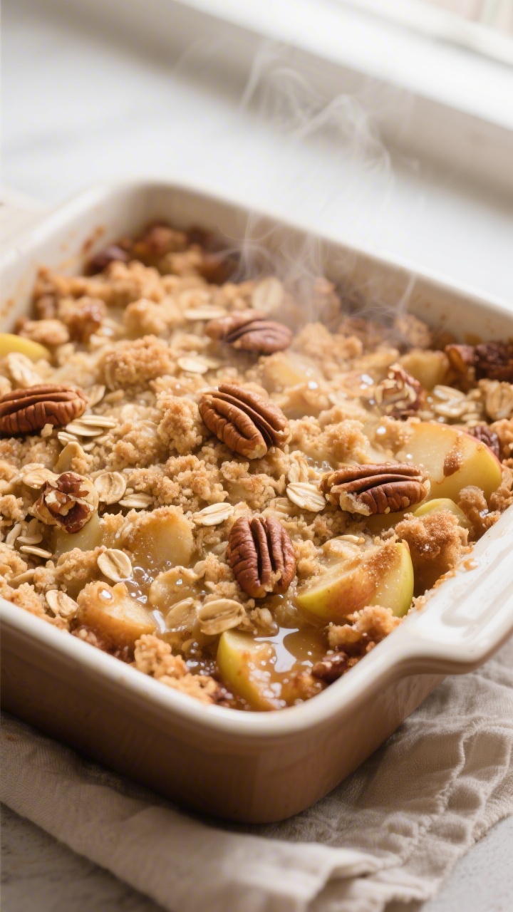 Close-up detail: Golden apple crumble just out of the oven with a deeply crisp, nubbly oat-and-brown