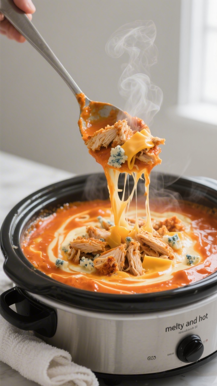 Close-up detail: Gooey crockpot buffalo chicken dip being stirred inside a slow cooker at the “mel