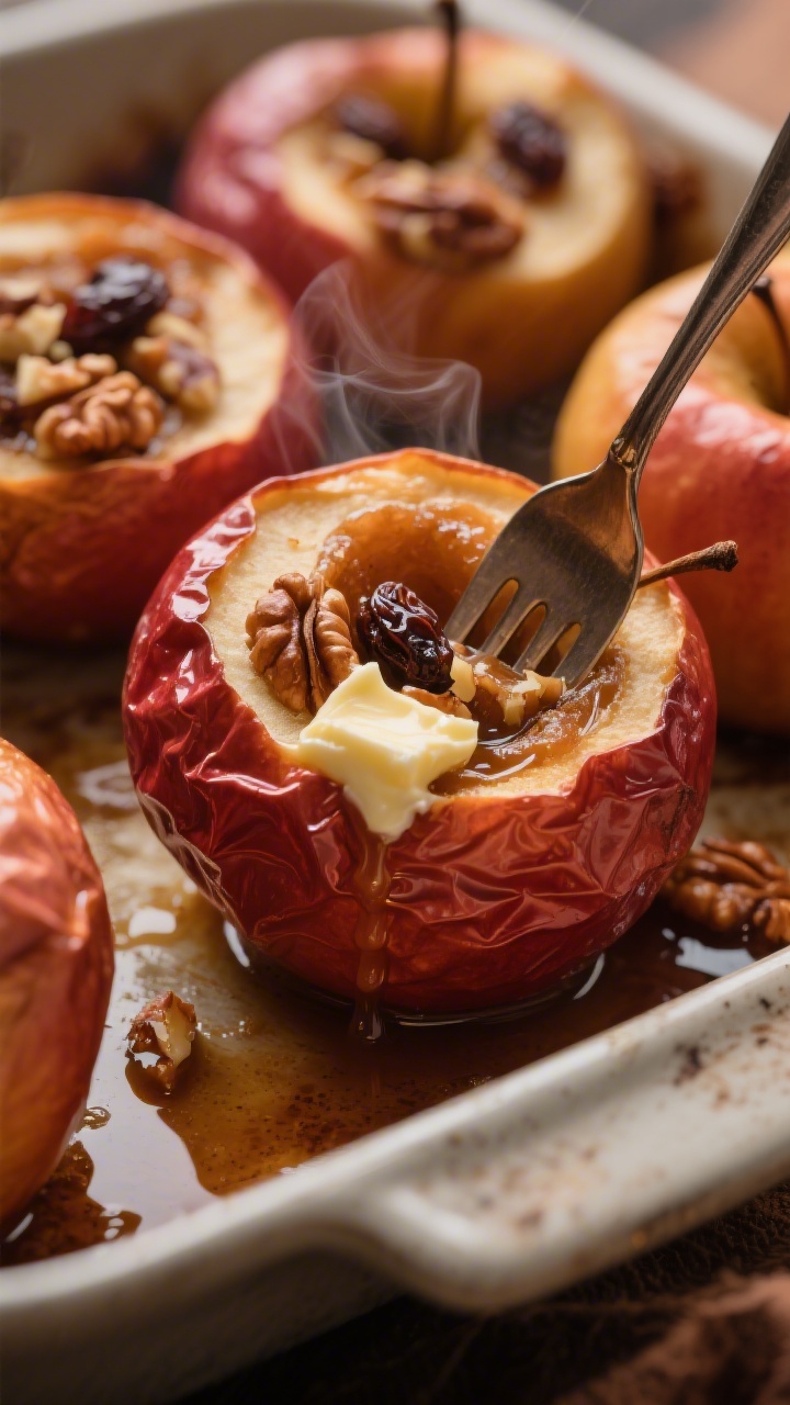 Close-up detail of freshly baked apples just out of the oven, skins wrinkled and glossy, cores packe