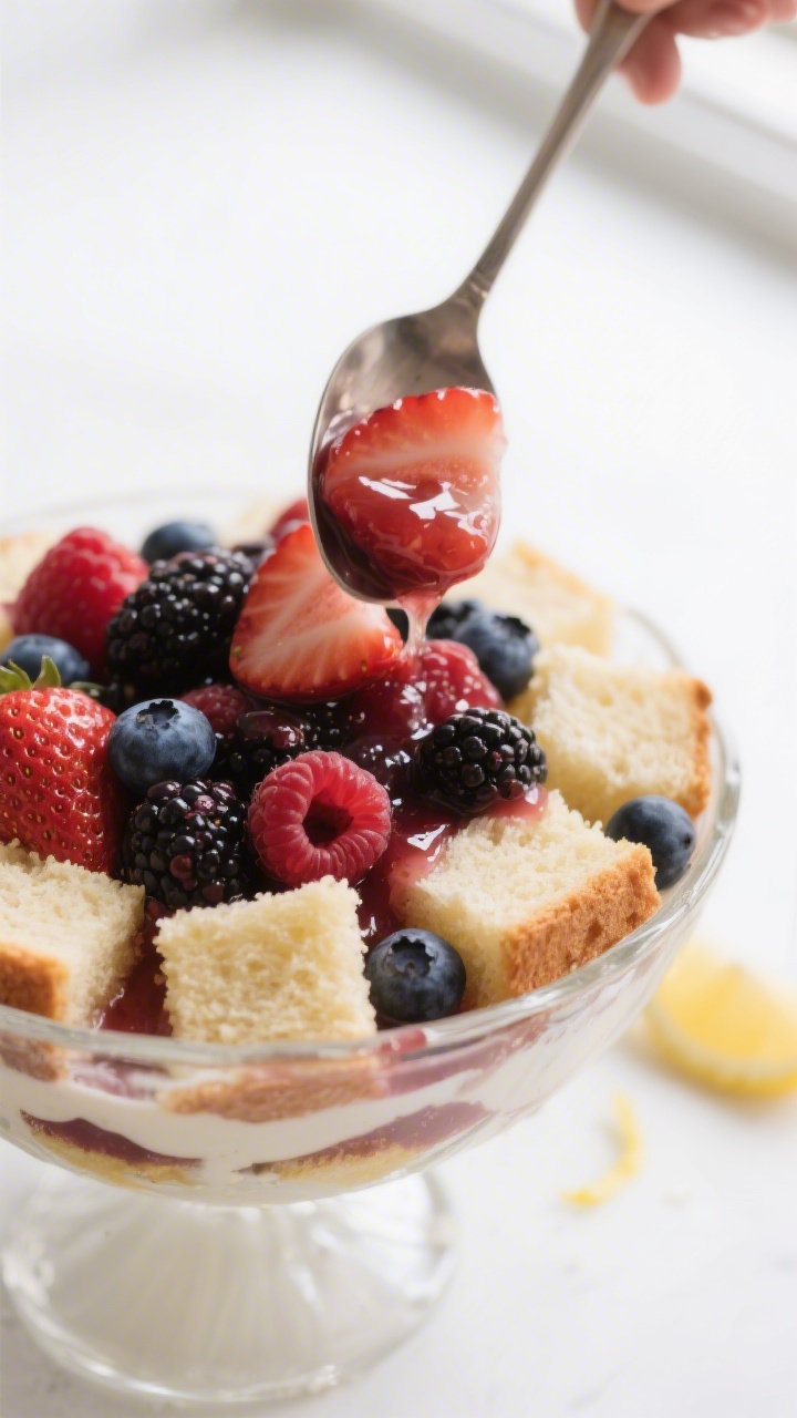 Close-up detail of the trifle’s berry layer being spooned over cubed pound cake in a clear glass b