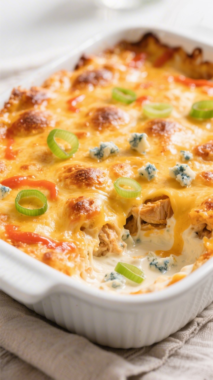 Close-up detail shot of baked buffalo chicken dip just out of the oven: golden, bubbly cheese cap wi