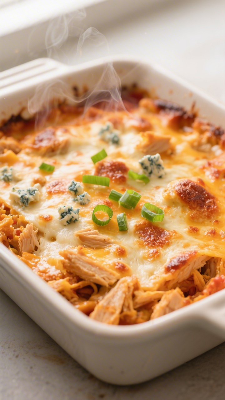 Close-up detail shot of freshly baked buffalo chicken dip just out of the oven in an 8x8 ceramic bak