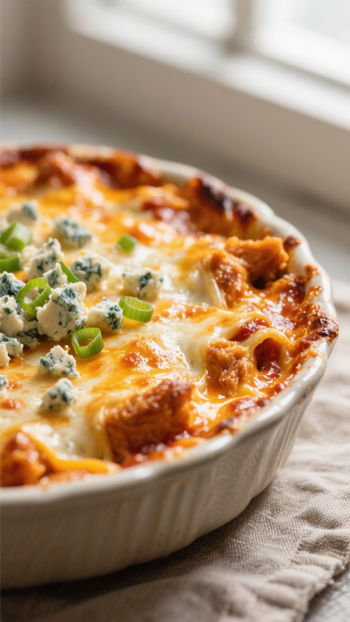 Close-up detail shot of hot, baked buffalo chicken dip just out of the oven: golden, bubbling edges 