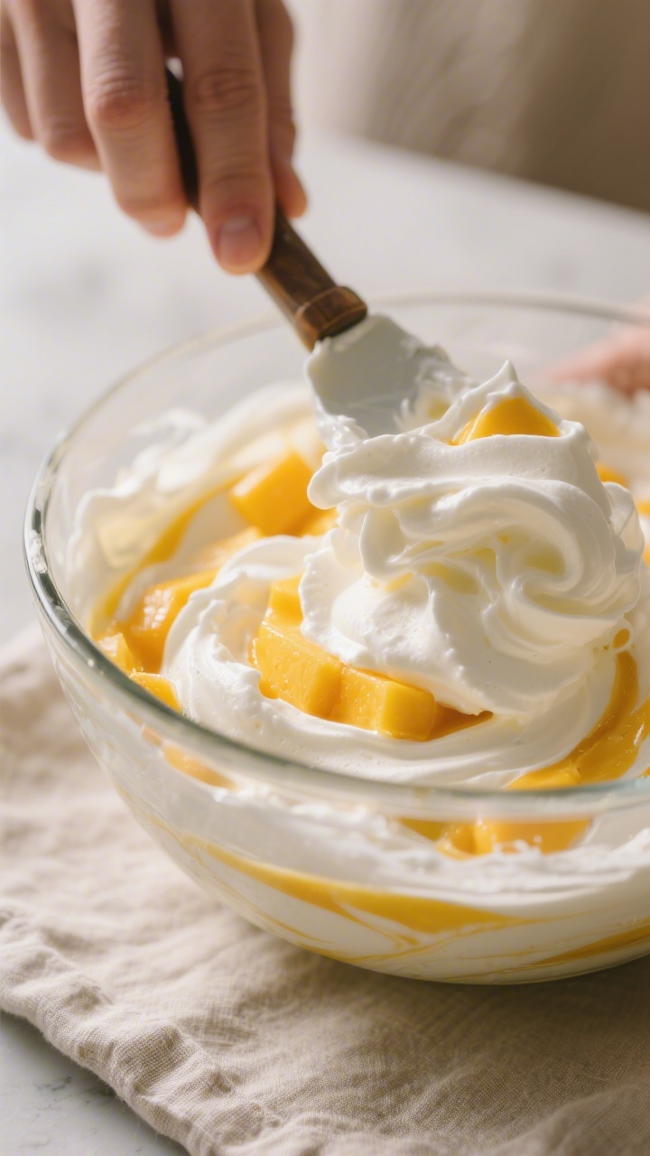 Close-up detail shot of silky mango mousse being gently folded with a spatula into the whipped cream