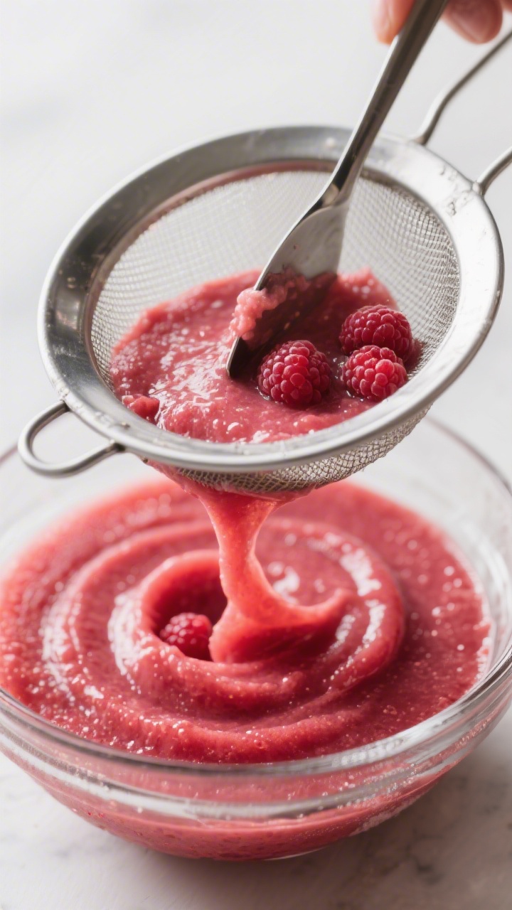 Close-up detail: Silky raspberry sorbet being pressed through a fine-mesh sieve with a spatula, seed