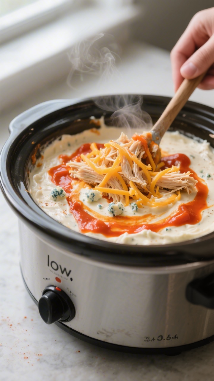 Close-up detail: Ultra-tight shot of creamy, hot buffalo chicken dip being stirred in a small 3–4 