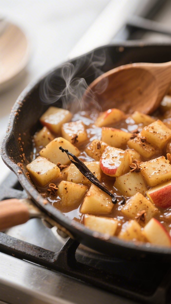 Close-up detail: Warm apple-cinnamon filling just off the stove in a shallow skillet, diced apples g