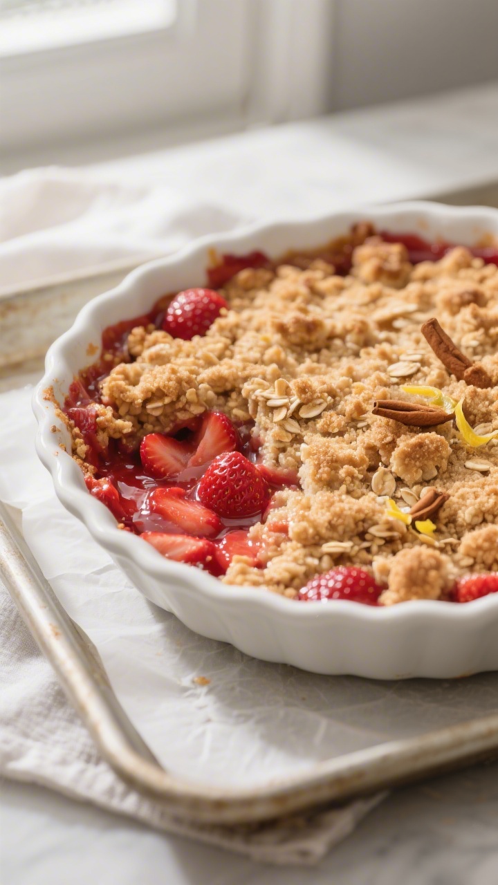 Close-up detail: Warm strawberry crumble just out of the oven, bubbling ruby-red strawberry filling 
