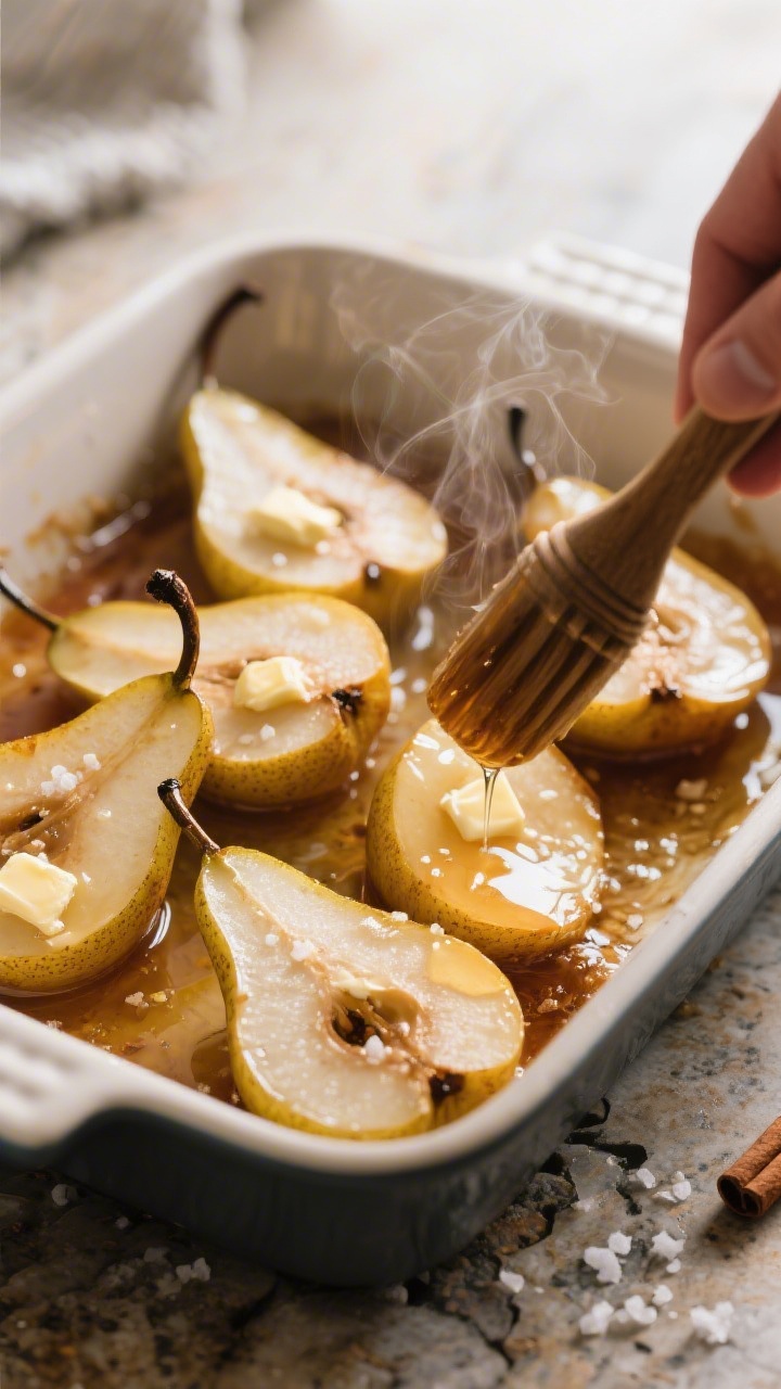 Cooking process: Baked pears being basted mid-bake at 375°F—overhead shot of the baking dish tilt