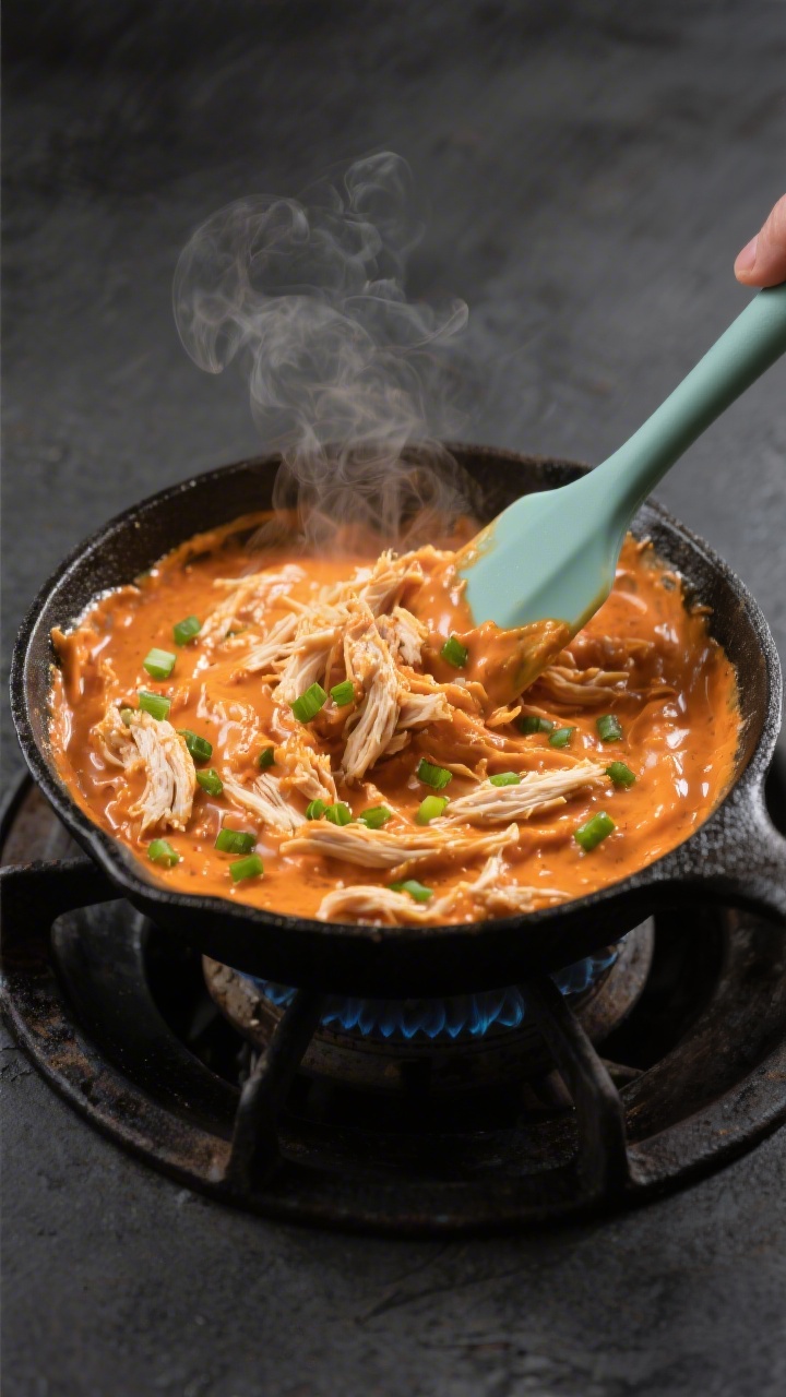 Cooking process close-up: A small cast-iron skillet on the stovetop with hot, creamy dairy-free buff