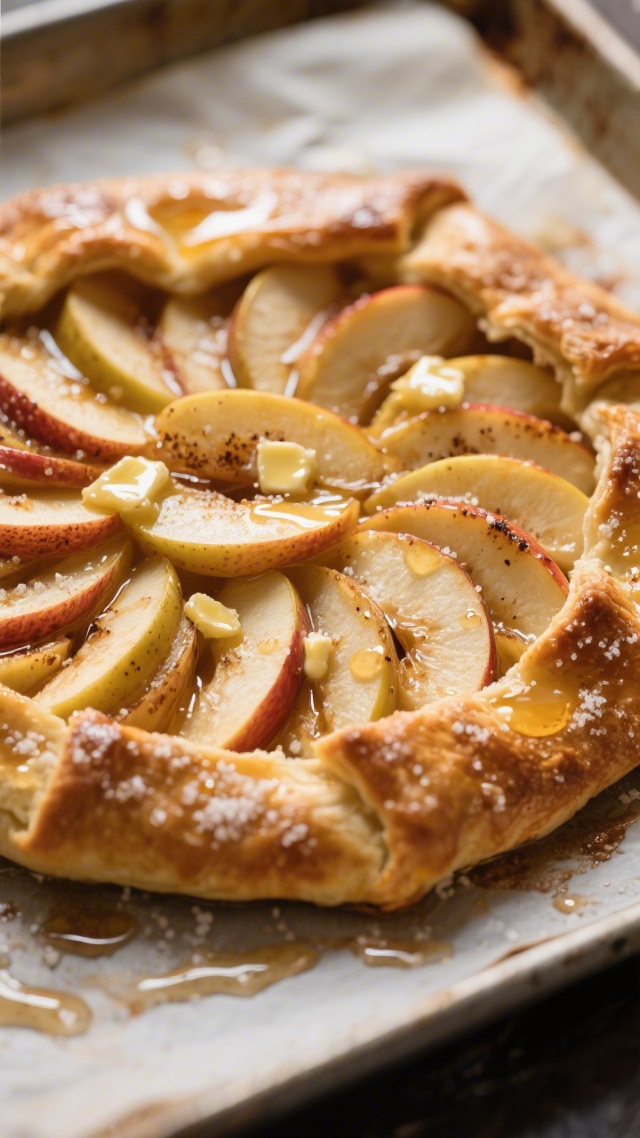 Cooking process, close-up detail: Close-up of an apple galette mid-bake in the oven, crust edges fol