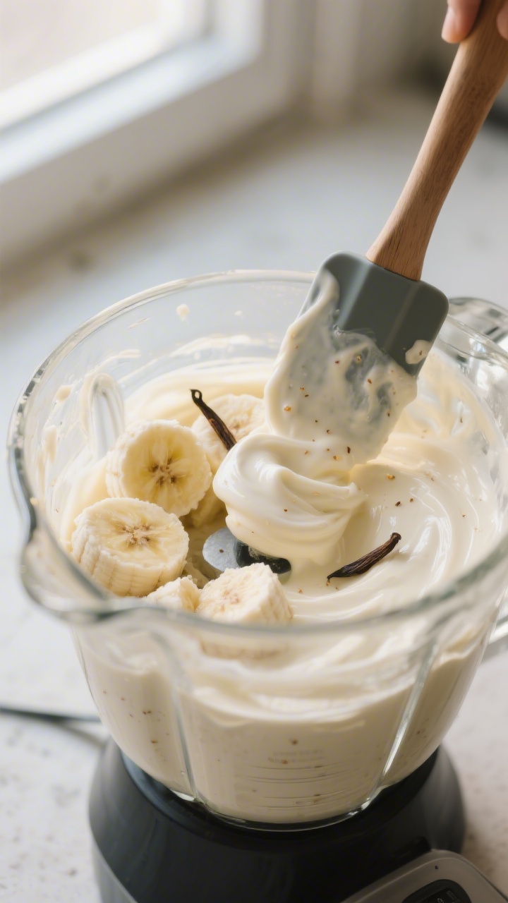 Cooking process close-up: Frozen banana slices turning from crumbly to creamy in a high-speed blende