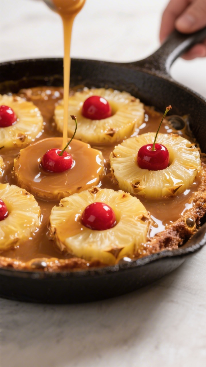 Cooking process close-up: Molten brown sugar–butter caramel just poured into a 9-inch skillet, top