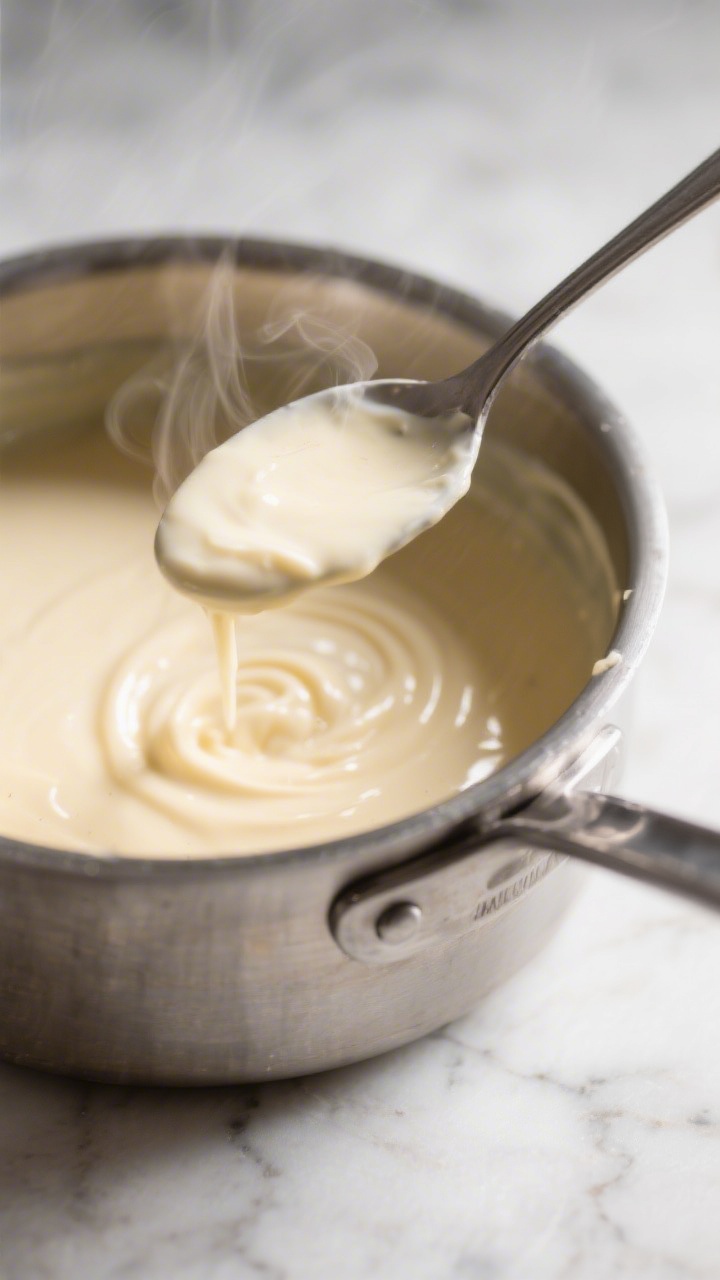 Cooking process close-up: Silky homemade banana custard thickening in a stainless saucepan, whisk tr