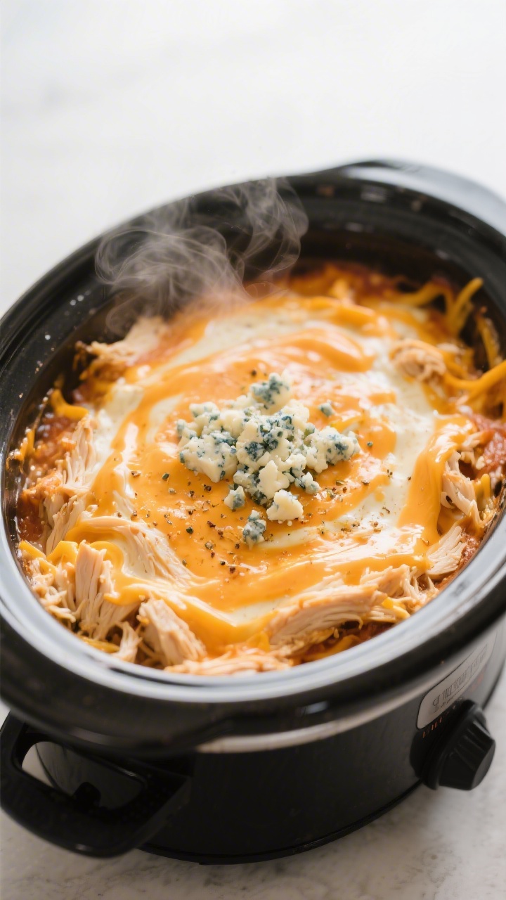 Cooking process close-up: Slow cooker filled with creamy, melted buffalo chicken dip mid-cook, bubbl