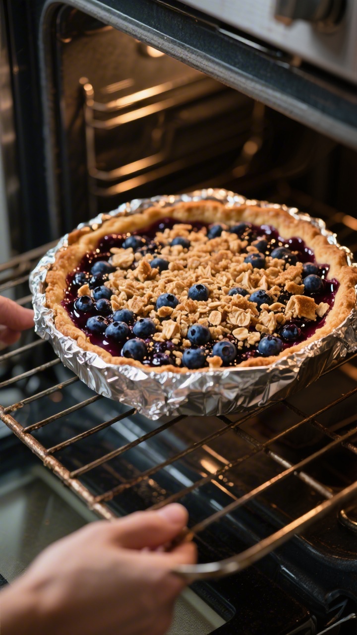 Cooking process: Overhead shot mid-bake check—oven door open, the blueberry filling vigorously bub