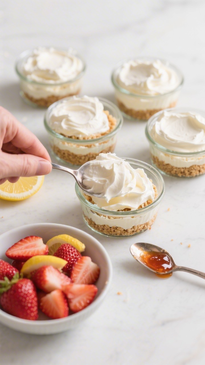 Cooking process: Overhead shot of assembly in progress—several clear ramekins with crumb bases alr