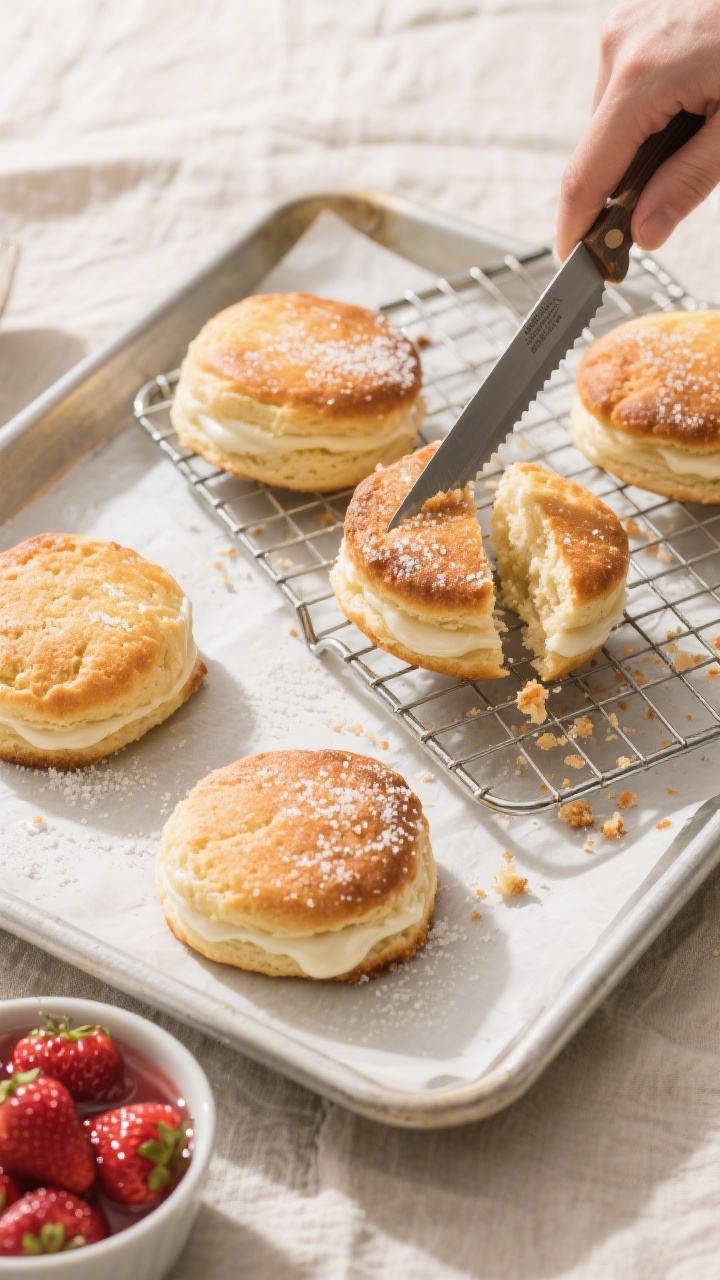 Cooking process: Overhead shot of just-baked shortcakes on a parchment-lined sheet pan, brushed with