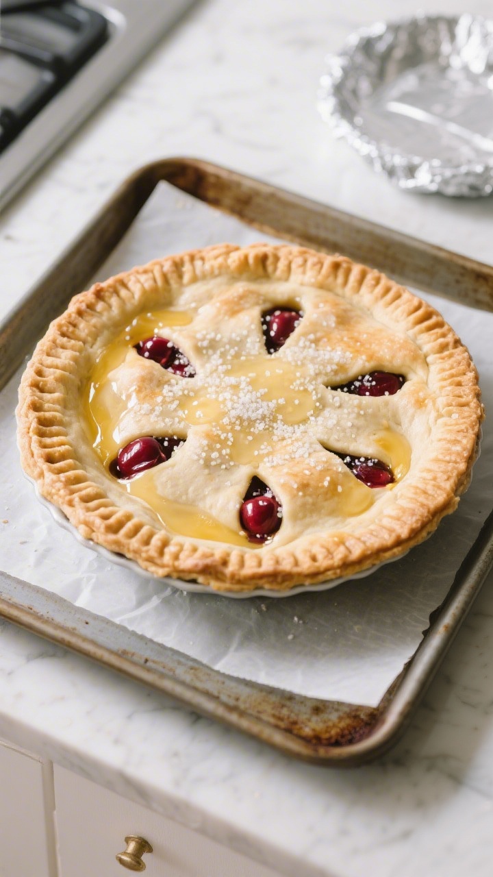 Cooking process: Overhead shot of the assembled cherry pie just before the oven—top crust sealed a
