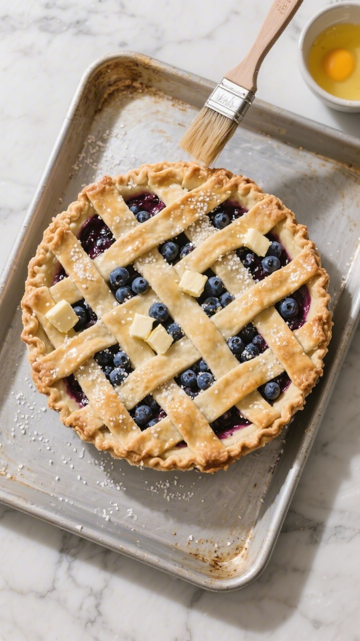 Cooking process: Overhead shot of the assembled lattice-top blueberry pie just before baking, restin