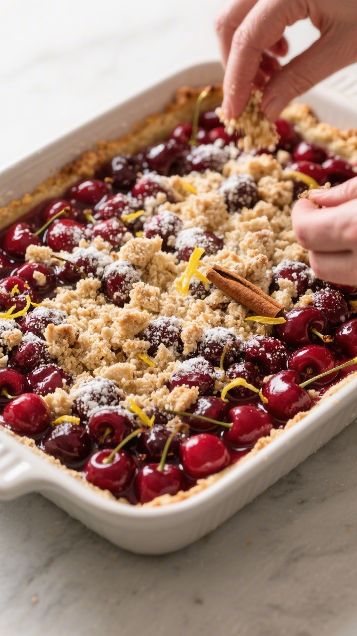 Cooking process: Overhead shot of the cherry filling in the buttered baking dish right before baking