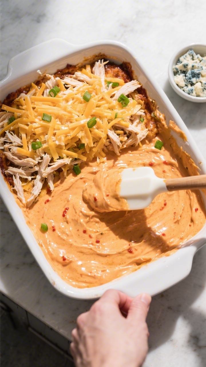 Cooking process: Overhead shot of the creamy buffalo mixture being spread evenly into a 1-quart grea