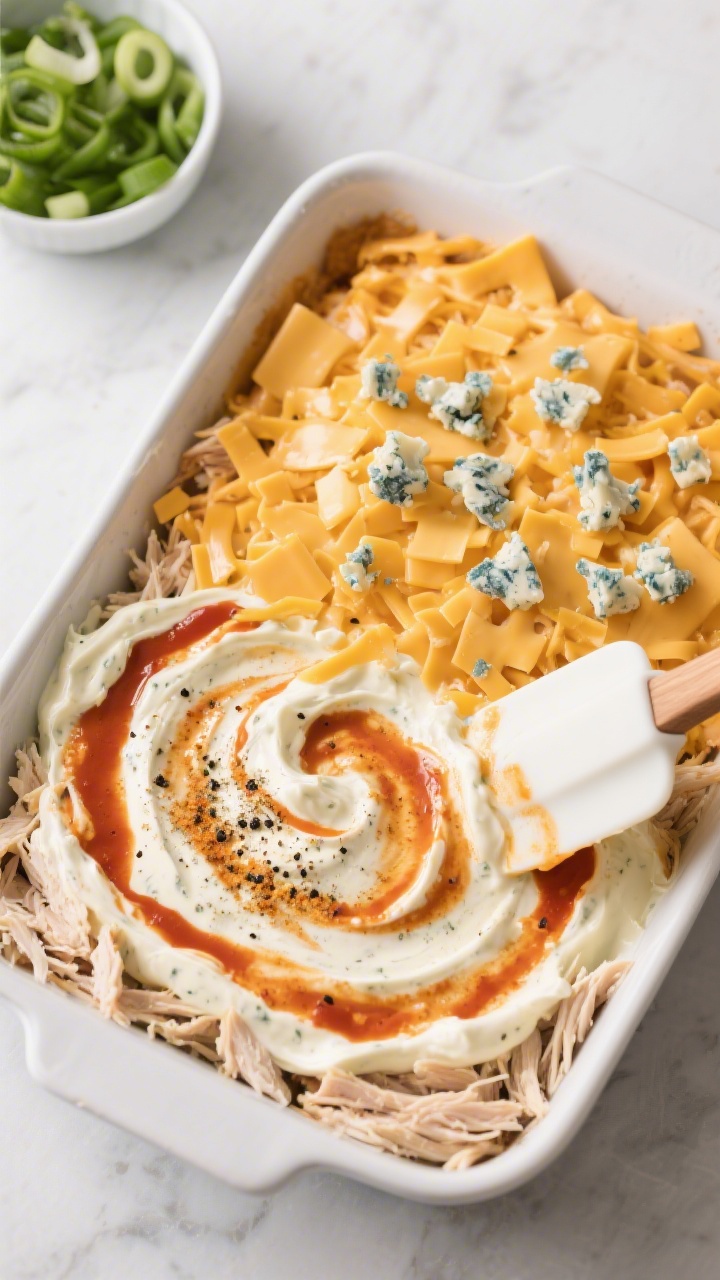 Cooking process shot: the assembled dip mixture being leveled in a baking dish just before baking—