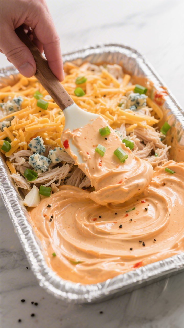 Cooking process shot: the mixed dip base being smoothed into a greased baking dish with a spatula—