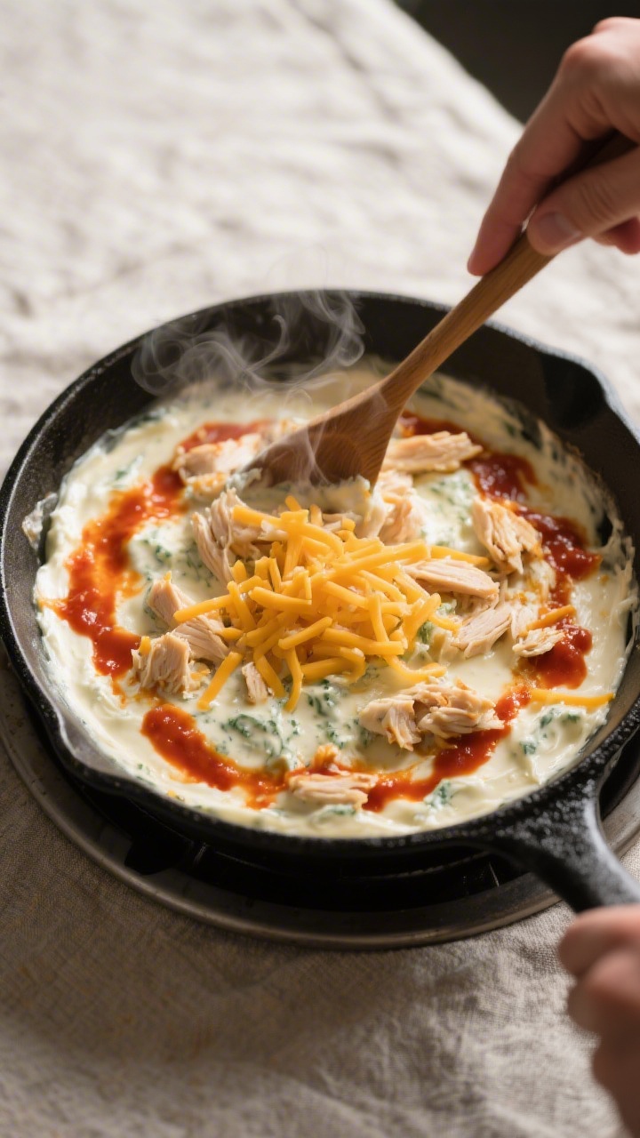 Cooking process: Stovetop shortcut scene of the dip being stirred in a black skillet over medium-low