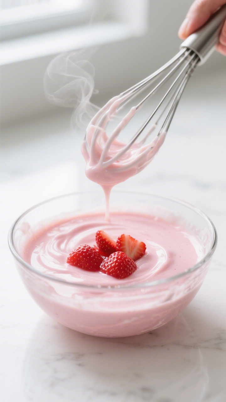 Cooking process: Strawberry puree being tempered with dissolved gelatin in a small glass bowl—2–