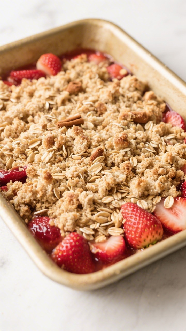 Cooking process: The assembled crumble pre-bake, focusing on the even, loose sprinkle of the oat–f