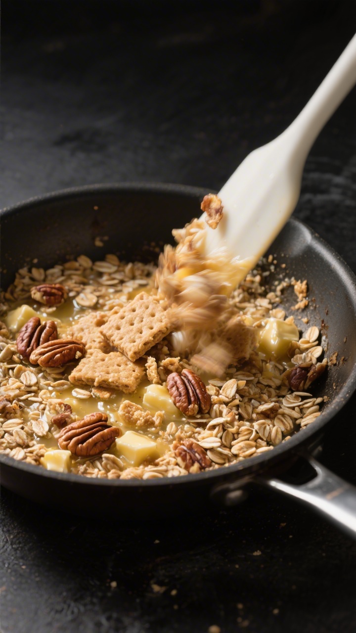 Cooking process: The crunchy oat–graham–nut topping toasting in a small pan, butter-melted oats 