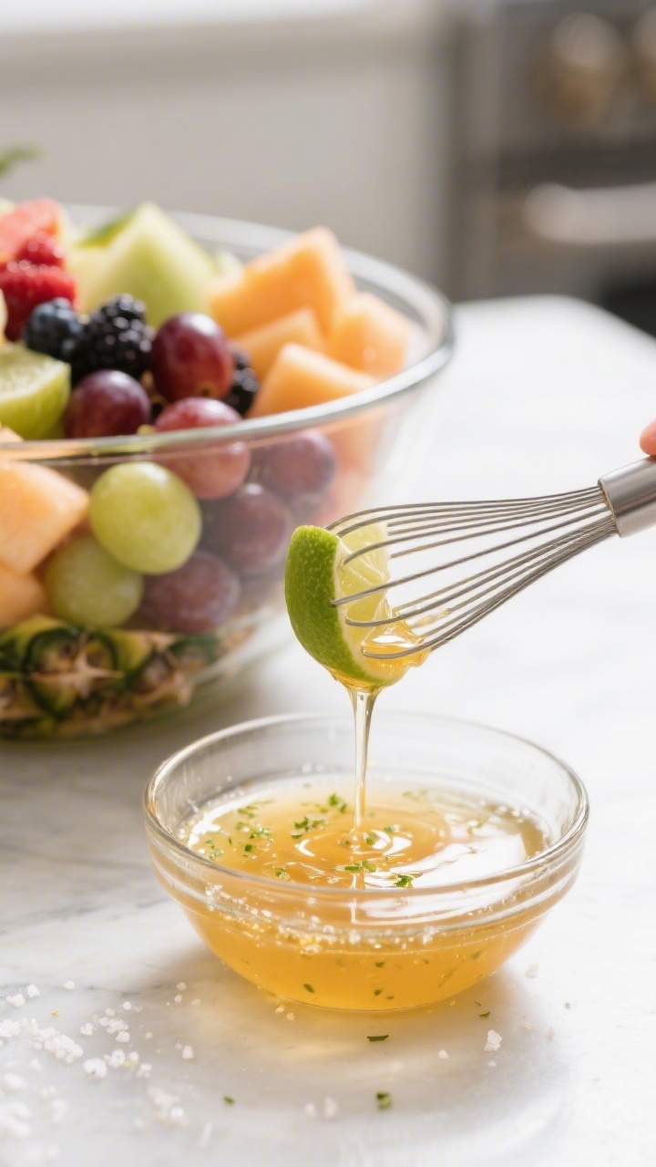 Cooking process: The honey-lime dressing being whisked until smooth and glossy in a small glass bowl