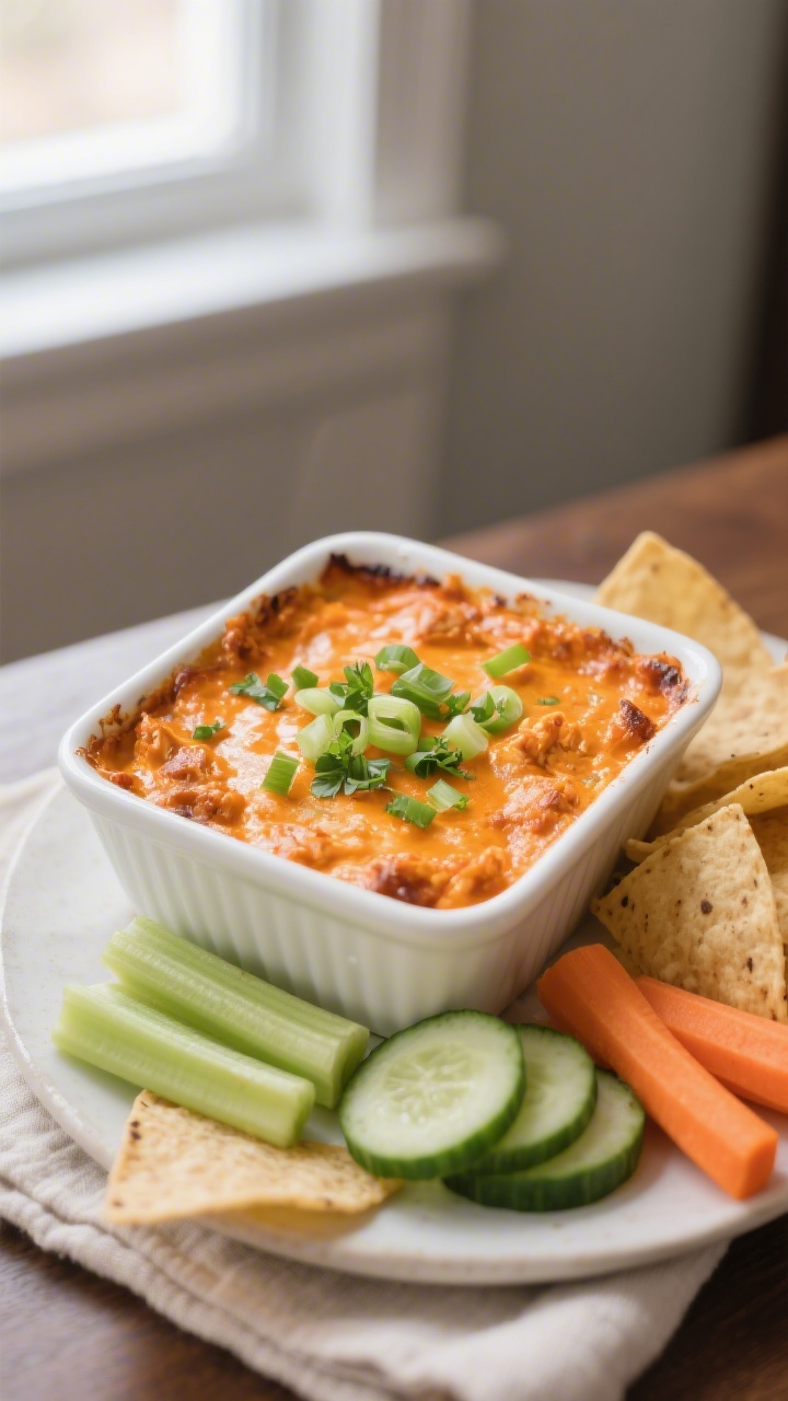 Final dish beauty shot: Oven-baked dairy free buffalo chicken dip in an 8x8 white ceramic baking dis