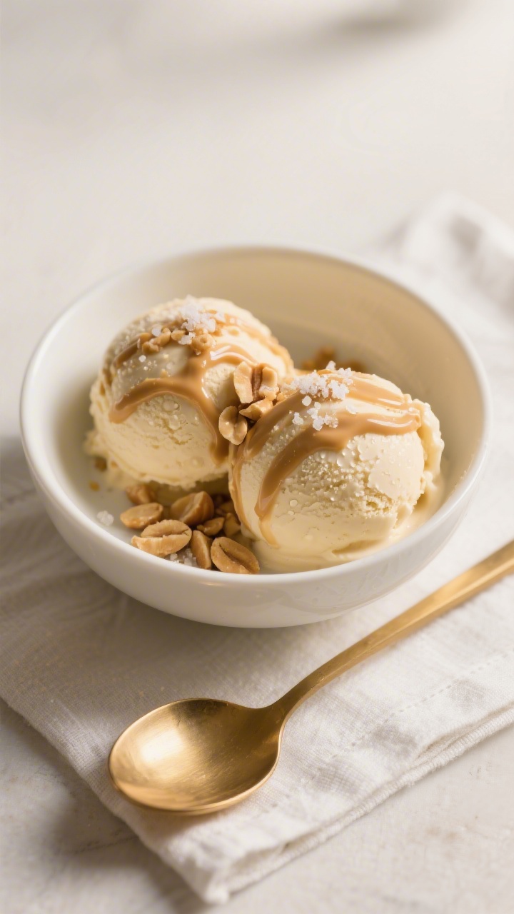 Final dish beauty shot: Scoopable banana ice cream served in a chilled white ceramic bowl, two perfe