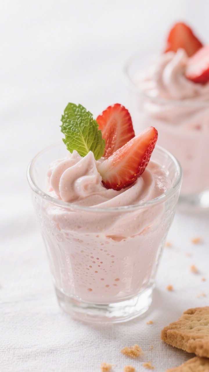 Final dish close-up: Light, airy strawberry mousse piped into small clear dessert glasses, perfectly