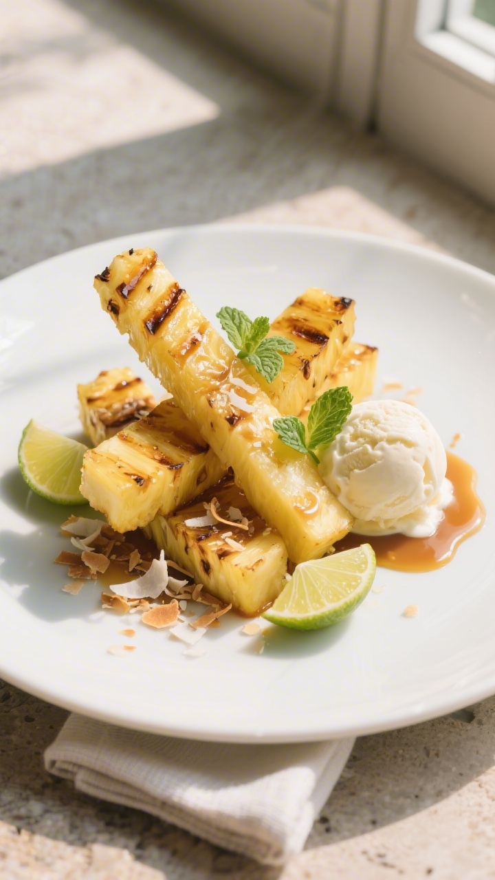 Final dish presentation: Beautifully plated grilled pineapple spears stacked in a crisscross on a ma