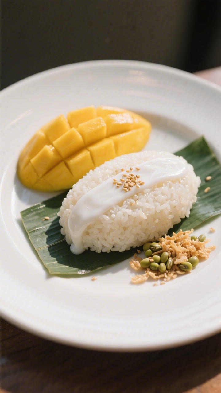 Final dish presentation: Beautifully plated Mango Sticky Rice Dessert on a matte white ceramic plate