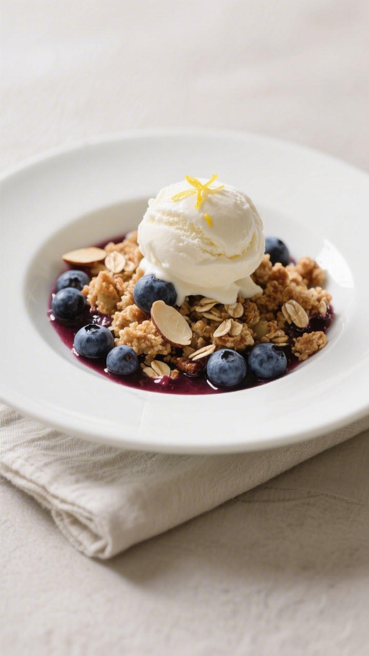 Final dish presentation: Beautifully plated scoop of warm blueberry crisp in a shallow white bowl, t