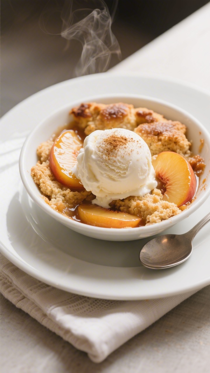 Final dish presentation: Beautifully plated warm peach cobbler scoop in a shallow white bowl, topped