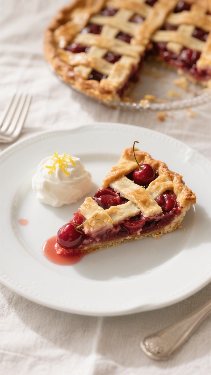 Final dish presentation: Beautifully plated wedge of cherry pie on a white ceramic plate with a smal