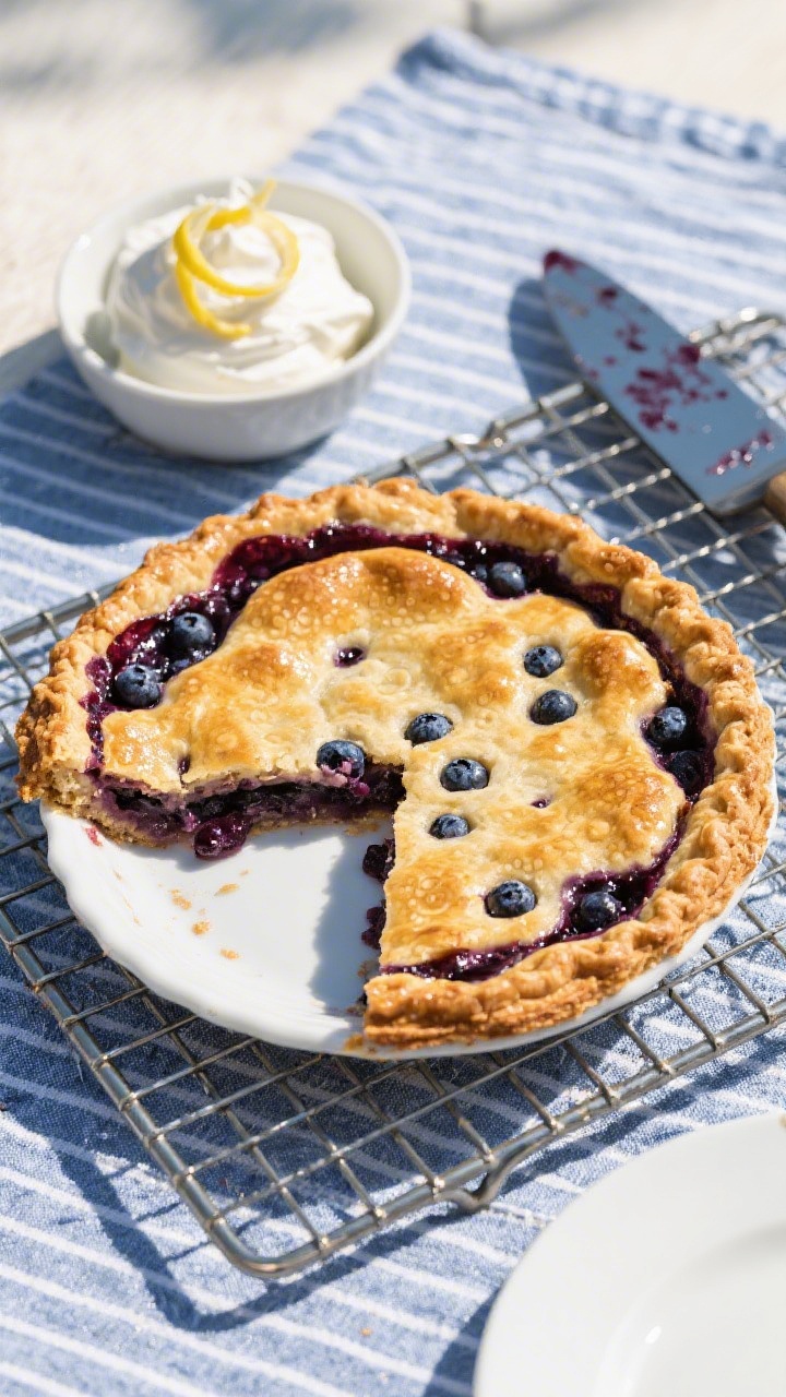 Final dish presentation: Overhead hero shot of the fully baked blueberry pie on a cooling rack, deep