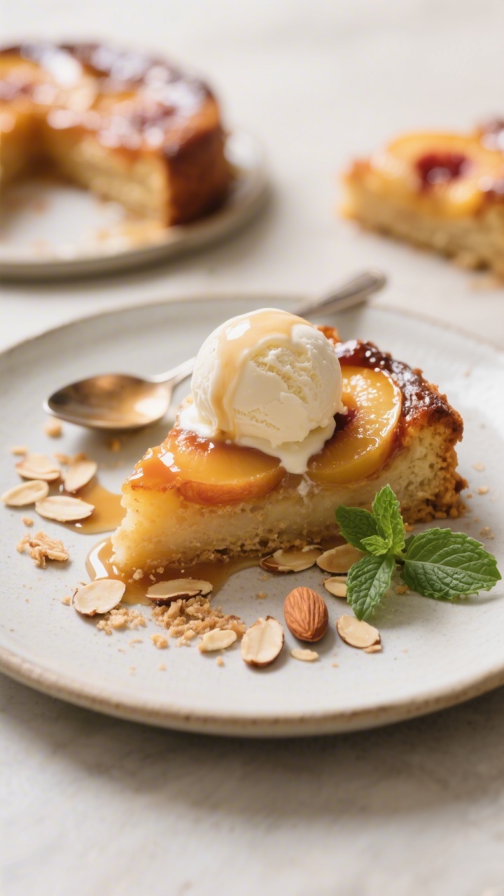 Final dish presentation: Restaurant-quality plated slice of warm peach upside down cake on a simple 