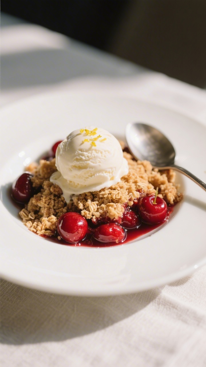Final dish presentation: Restaurant-quality plated serving of warm cherry crumble in a shallow white