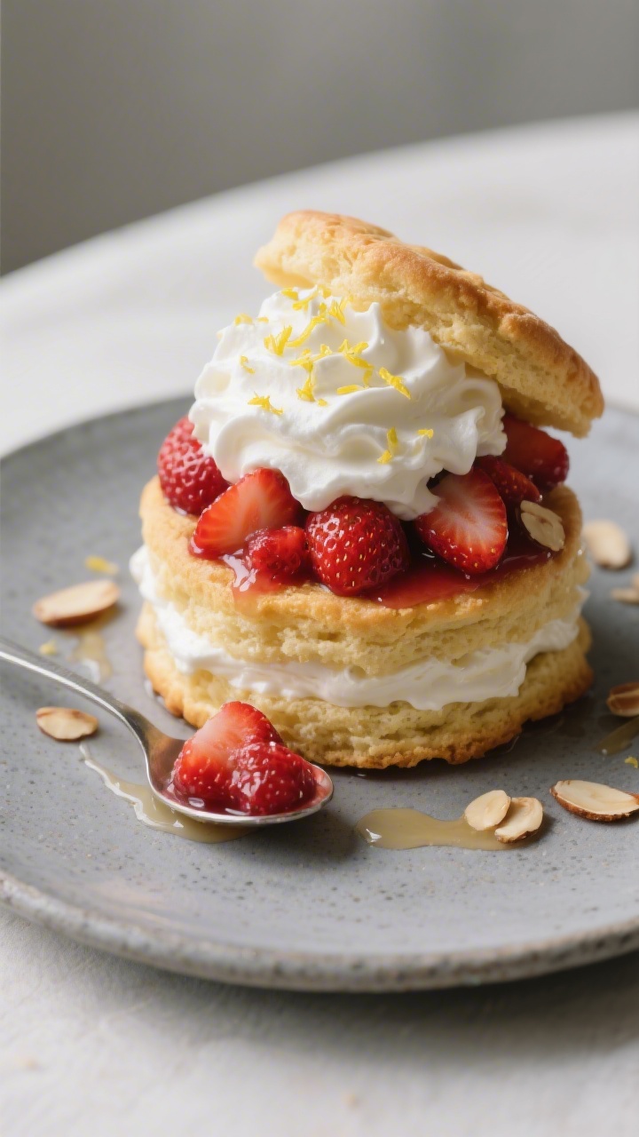 Final dish presentation: Restaurant-quality plated strawberry shortcake assembled and stacked—bott