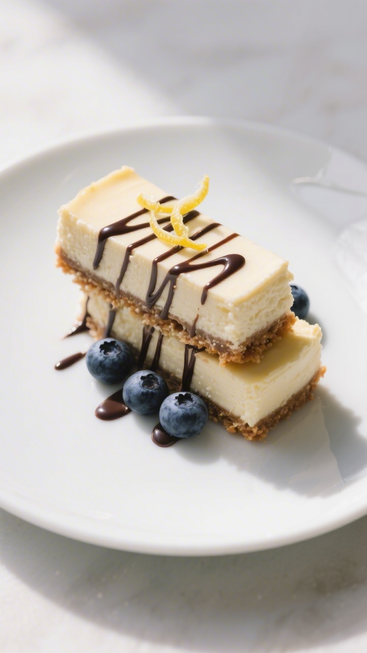 Final dish presentation: Restaurant-quality plating of two blueberry cheesecake bars stacked slightl