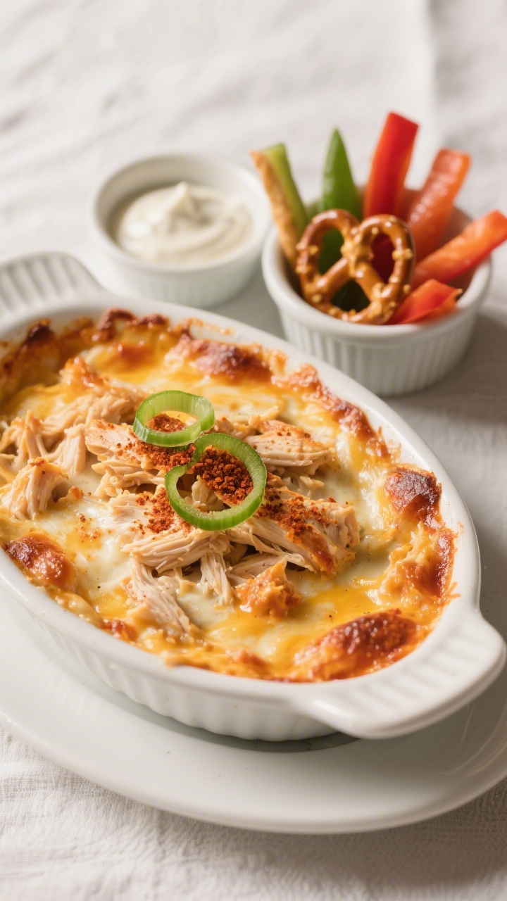 Final dish presentation: Restaurant-quality plating of buffalo chicken dip transferred to a shallow 